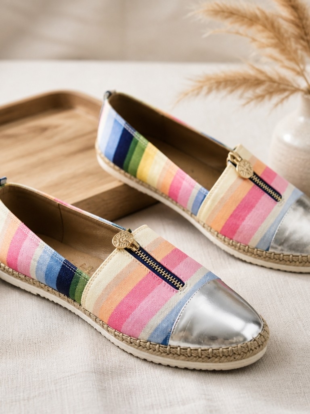 Anne Klein Jax Espadrilles Rainbow Stripe Canvas Flats Silver Toe Slip On Shoes